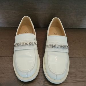 Chanel white patent leather loafers